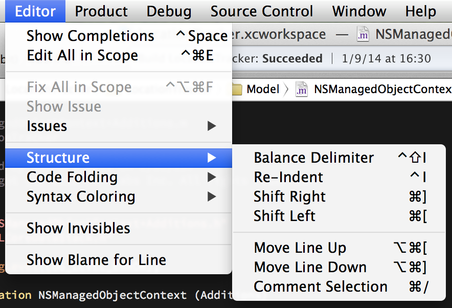 Screenshot demonstrating where to find the menu item in Xcode
